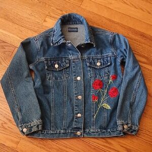 Vintage Brooker Rose-Embroidered Classic Denim Jacket ■ Size M
